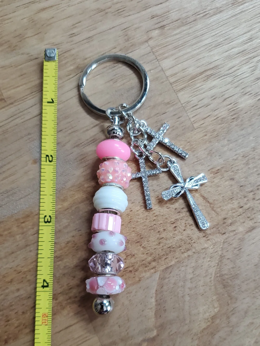 Pink Bead & Cross Charm Keychain